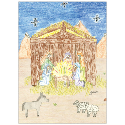 Card with an illustration of the nativity scene in the desert with donkeys and sheep around the stable.