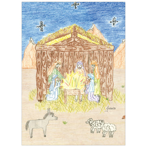Card with an illustration of the nativity scene in the desert with donkeys and sheep around the stable.