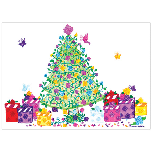 Card featuring an illustration of a Christmas tree with colorful lights and presents all around it.