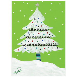 Card with an illustration of a white Christmas tree with bring lights around it and snow falling. With a green background.