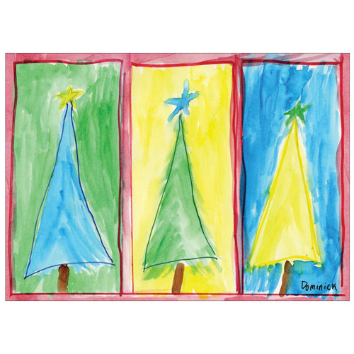 Card with an illustration of three different colored Christmas trees in three different colored backgrounds.