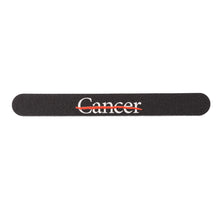 Black salon board featuring the white cancer strikethrough logo.