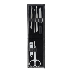 Open black manicure set with silver manicure supplies.