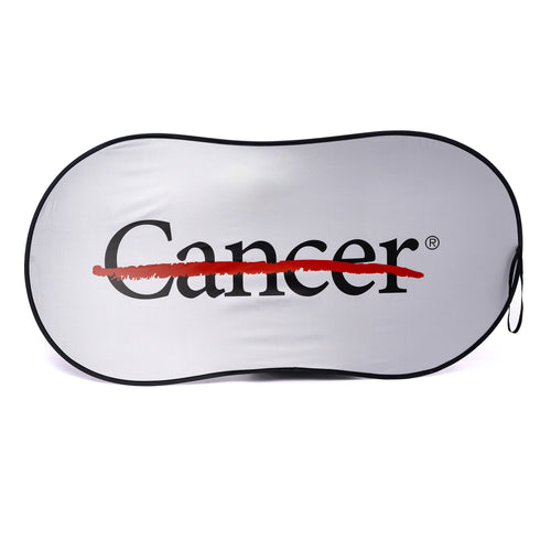 Sun shade cover with the foil side up featuring the black cancer strikethrough logo.