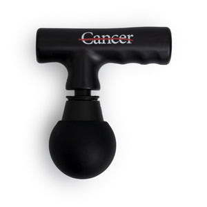 Black mini massage gun featuring the white cancer strikethrough logo on the top handle.