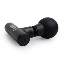 Black mini massage gun featuring the white cancer strikethrough logo on the top handle.