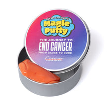 Open container of Multicolor magic putty featuring the white tagline "The Journey to End Cancer from Cause to Cure" and the white cancer strikethrough logo.