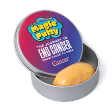 Open container of Multicolor magic putty featuring the white tagline "The Journey to End Cancer from Cause to Cure" and the white cancer strikethrough logo.
