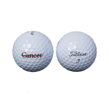Two white golf balls featuring the black cancer strikethrough logo and the Titleist logo.