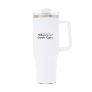 White 40 oz. travel mug with a handle, featuring the black MD Anderson logo on the front.