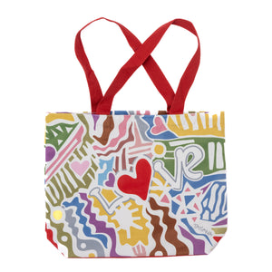 Canvas tote bag featuring the word 'Love' with the letter 'O' represented by a red heart, surrounded by colorful graffiti-like designs, with two red handles.