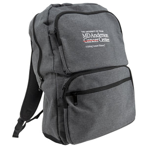Grey backpack with front pockets, featuring the white MD Anderson logo.