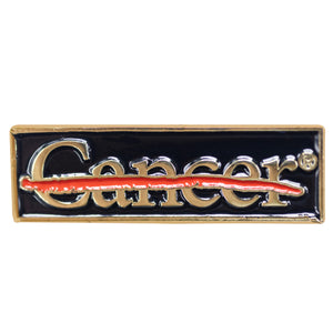 Metal black lapel pin engraved with the cancer strikethrough logo in gold.