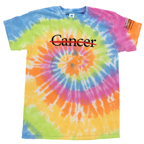 Youth tie-dye shirt featuring the black cancer strikethrough logo on the chest area and the black MD Anderson logo on the sleeve,