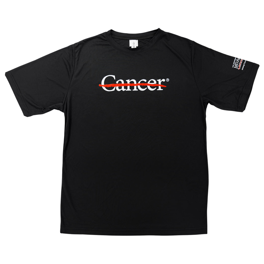 Black dri-fit shirt with the white cancer strikethrough logo on the front and the full white MD Anderson logo on the sleeve