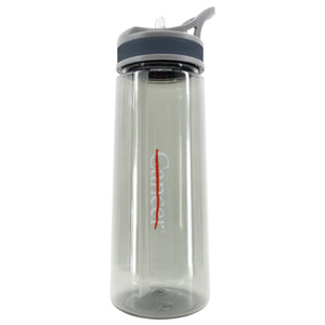 Gray sport water bottle with a plastic lid featuring the white cancer strikethrough logo.