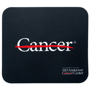 Black mousepad featuring the white cancer strikethrough logo on the center and the white MD Anderson logo on the right corner.