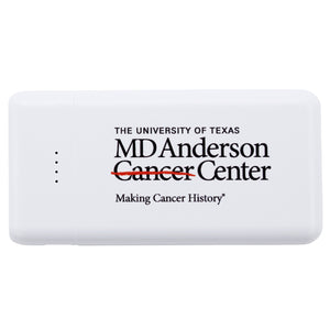 White power bank featuring the black MD Anderson logo.