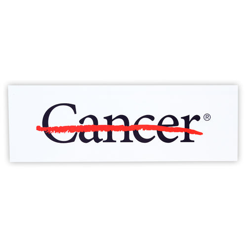 White magnetic bumper sticker featuring the black cancer strikethrough logo on it.