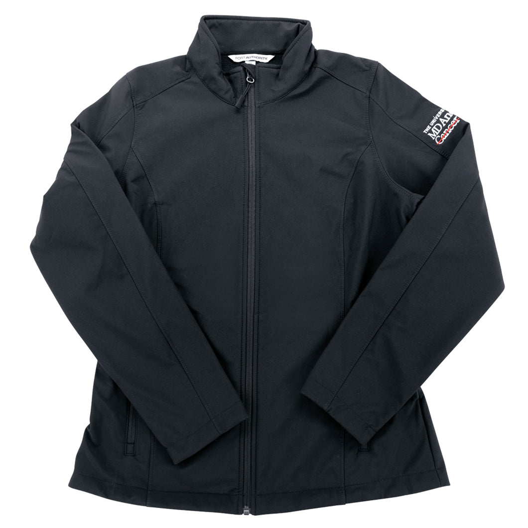 Black soft-shell jacket featuring the white MD Anderson logo on the sleeve.