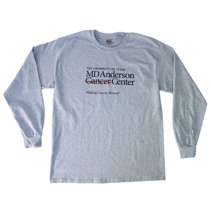 Grey t-shirt featuring the black MD Anderson logo on the chest area.