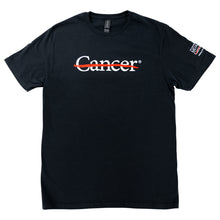 black shirt featuring the white cancer strikethrough logo on the chest and the white MD Anderson logo on the sleeve.