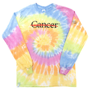 Tie-dye long sleeve shirt featuring the black cancer strikethrough logo on the chest and the black MD Anderson logo on the sleeve.