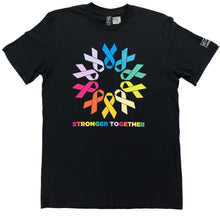 Black t-shirt adorned with colorful cancer ribbons forming a circle and the phrase 'Stronger Together' in various colors, with the white MD Anderson logo featured on the sleeve,