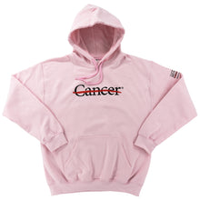 Pink hoodie featuring the black cancer strikethrough logo in the middle and the full black MD Anderson logo on the sleeve.