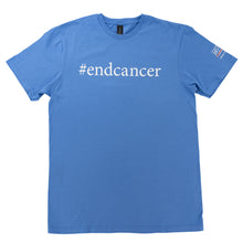 Blue tshirt with #endcancer shown on front with MD Anderson logo shown on sleeve.